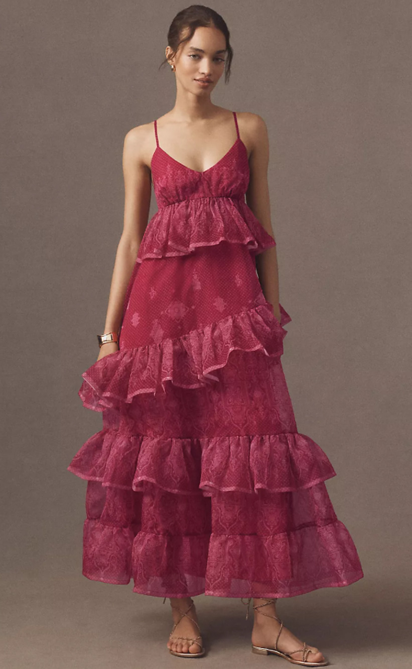 New Anthropologie Let Me Be Pink Sheer Tiered Midi Dress - Small